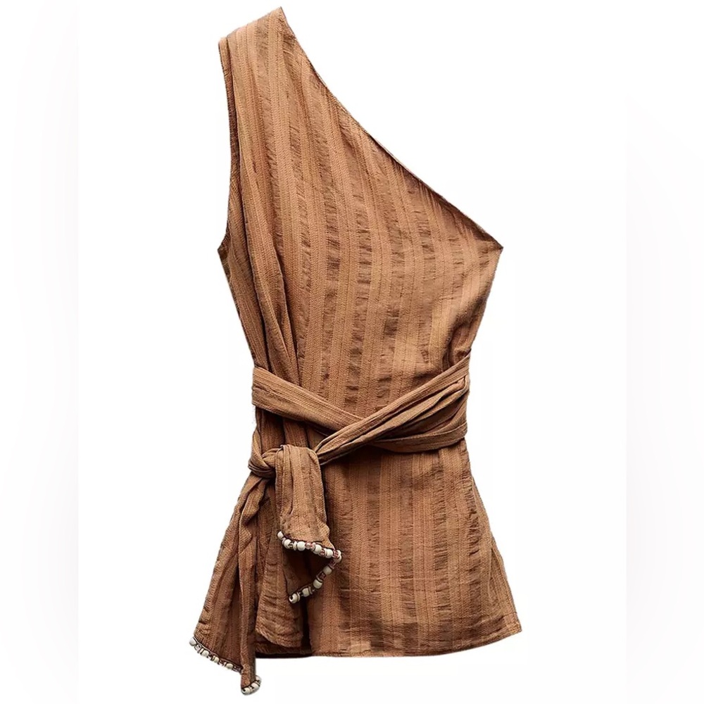 Zara asymmetrical, one shoulder wrap tie top Brown